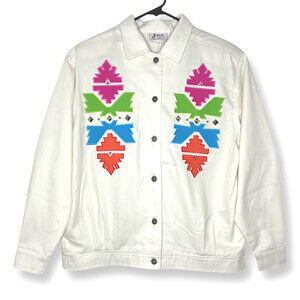 Vintage Joyce Sportswear Womens Jacket Large White Denim Southwest Studs Trucker